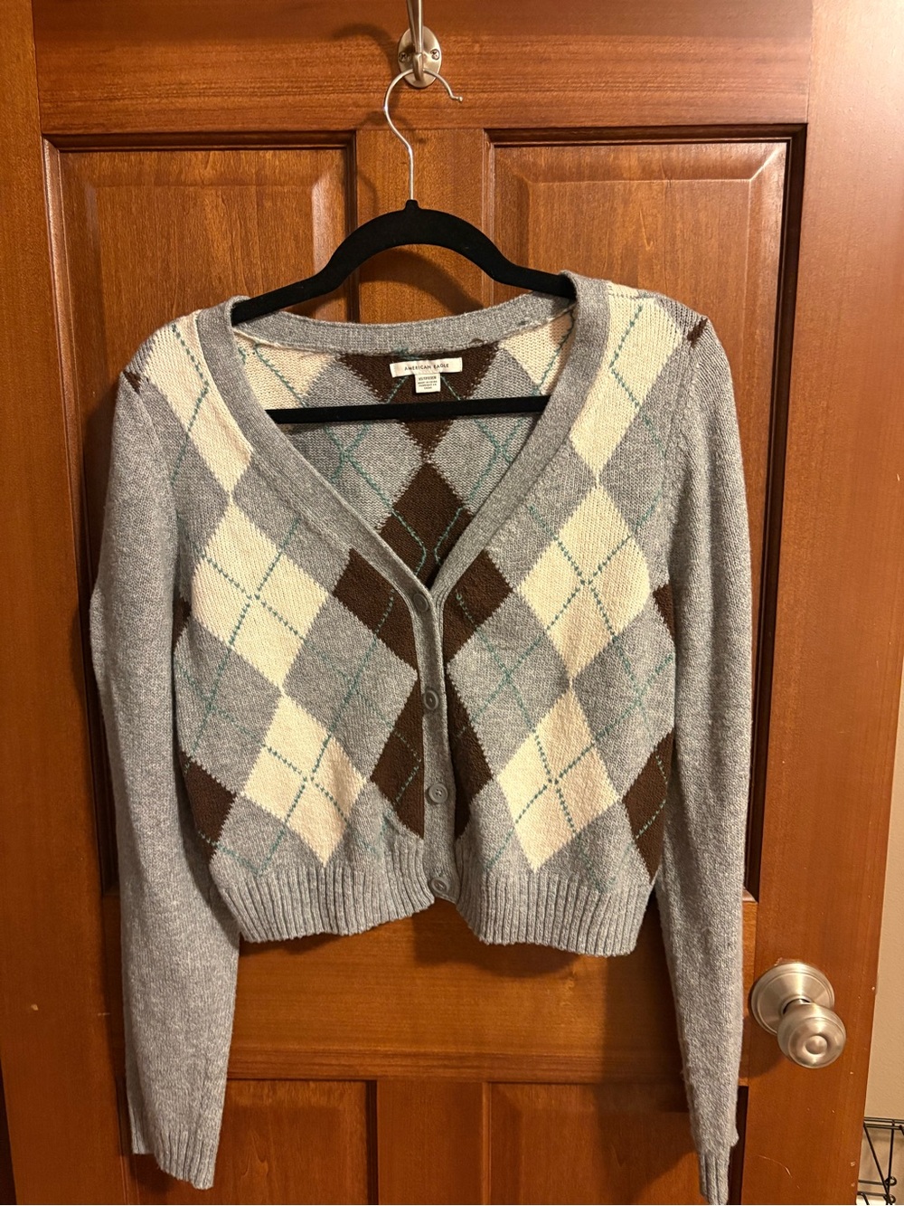 American Eagle Outfitters Gray Cream and Brown Argyle V-Neck Cardigan